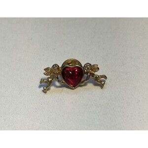 Vintage Cupids with Red Rhinestone Heart Pin Brooch Gold Tone Valentine's Day